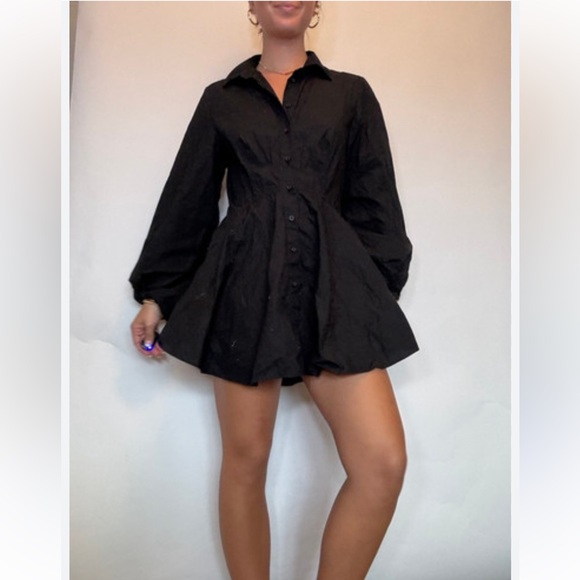 Free People Green Mini Dress with Puff Sleeves and Notched Collar - Picture 1 of 7